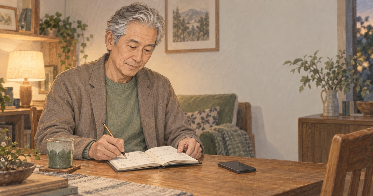 手帳に休日の予定を書き込む男性