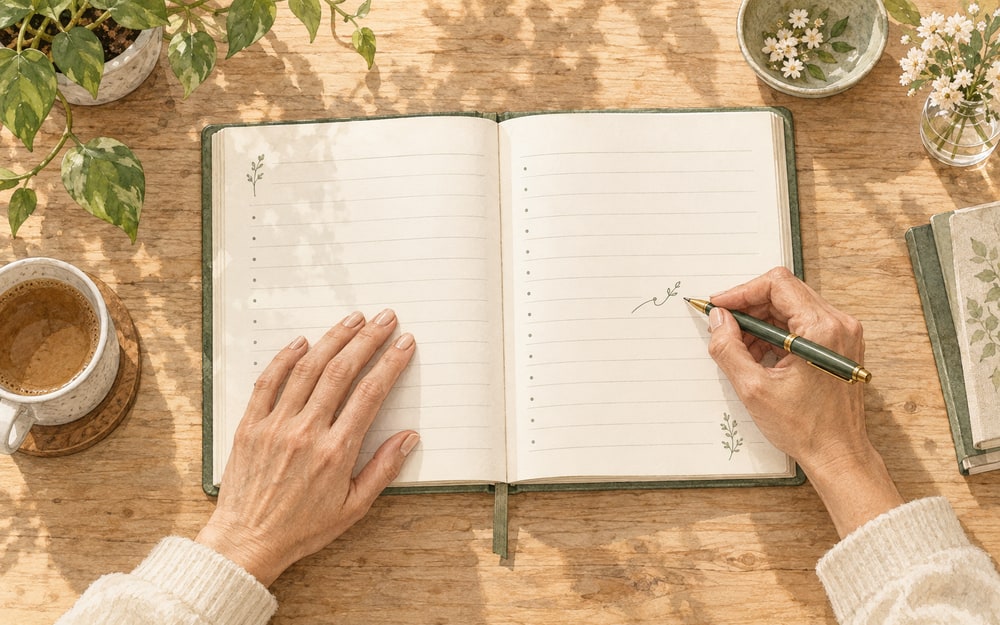 手帳の余白へメモを書き足す手元