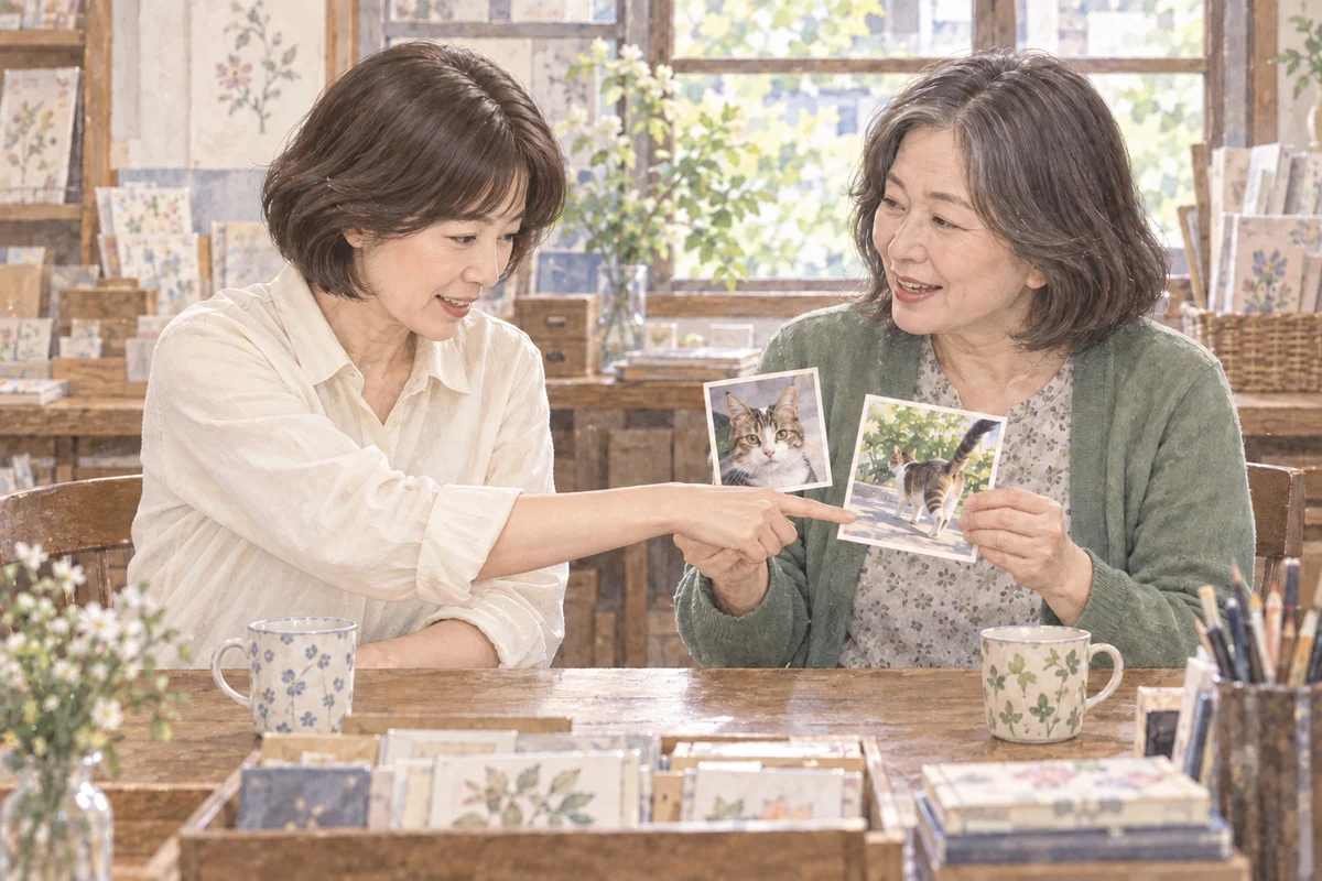 石田が持つ二枚のうち、歩き去る猫の写真を指す恵子