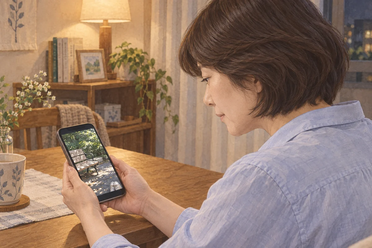 自宅でスマートフォンに写るベンチの写真を見返す恵子