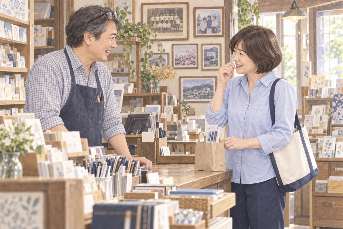 文具店のカウンター越しに井上と笑顔で話す恵子