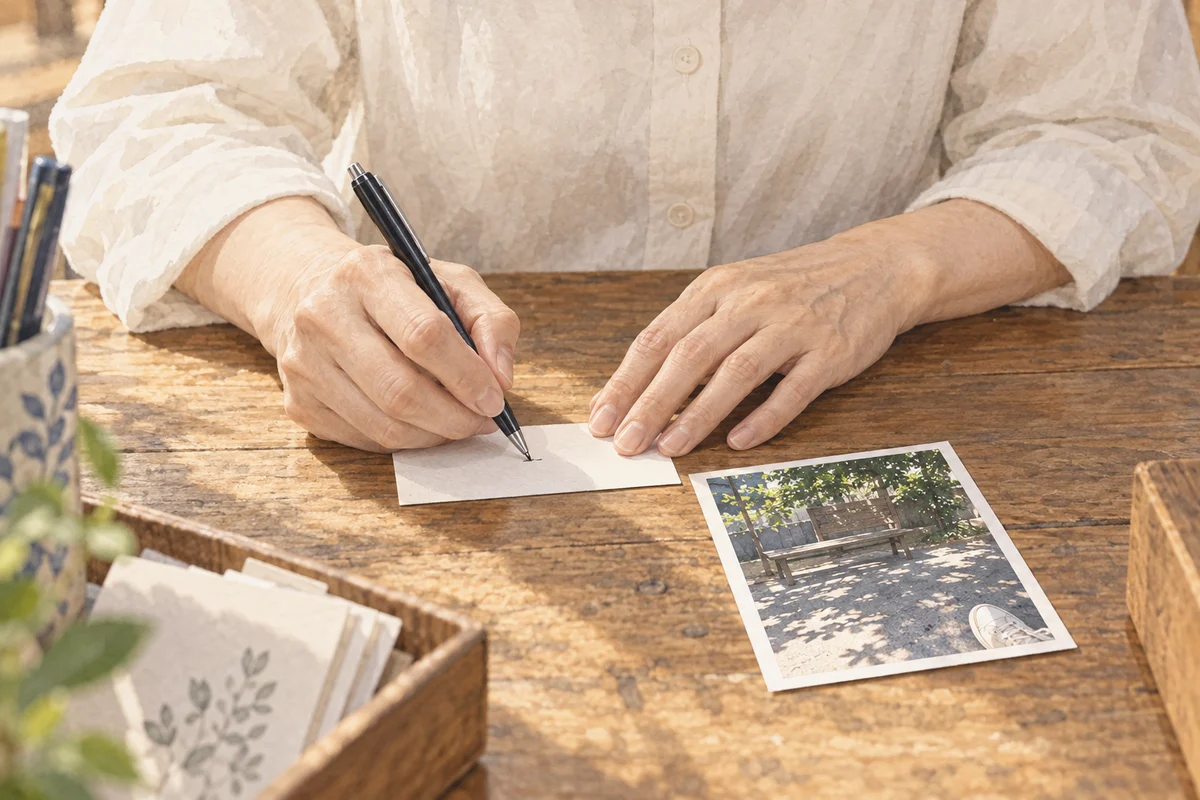 ベンチの写真に添える紙へペンを走らせる恵子の手元