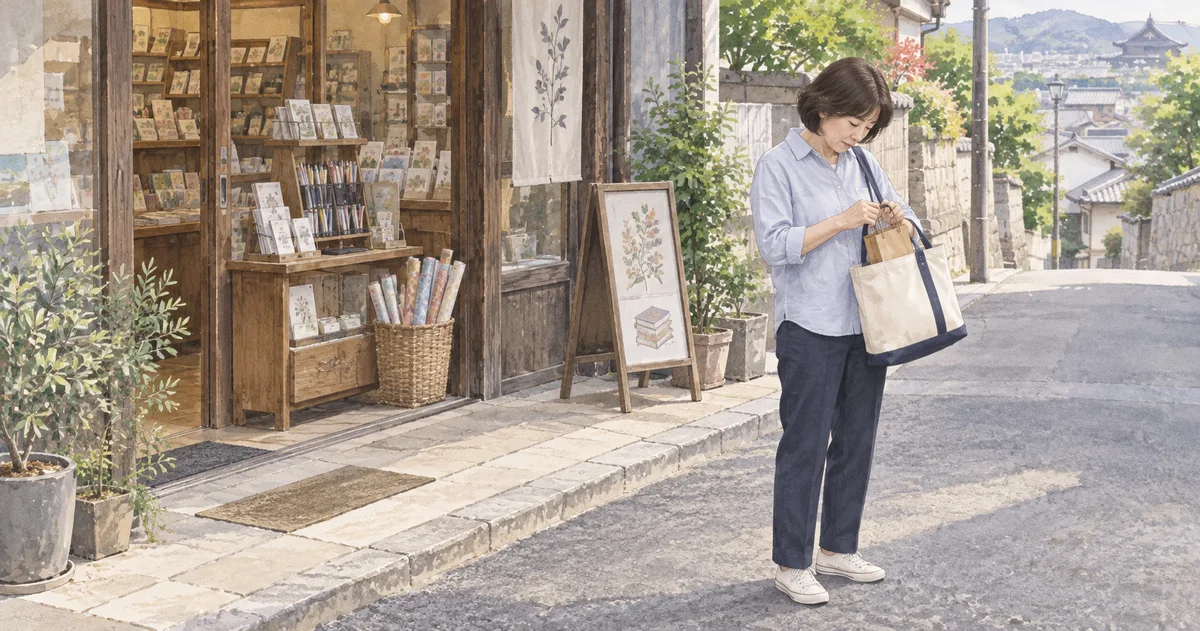 文具店を出て、バッグの中の小袋を確かめる女性