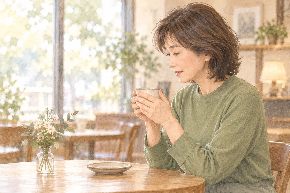 カップを両手で包み、話す言葉を考える女性