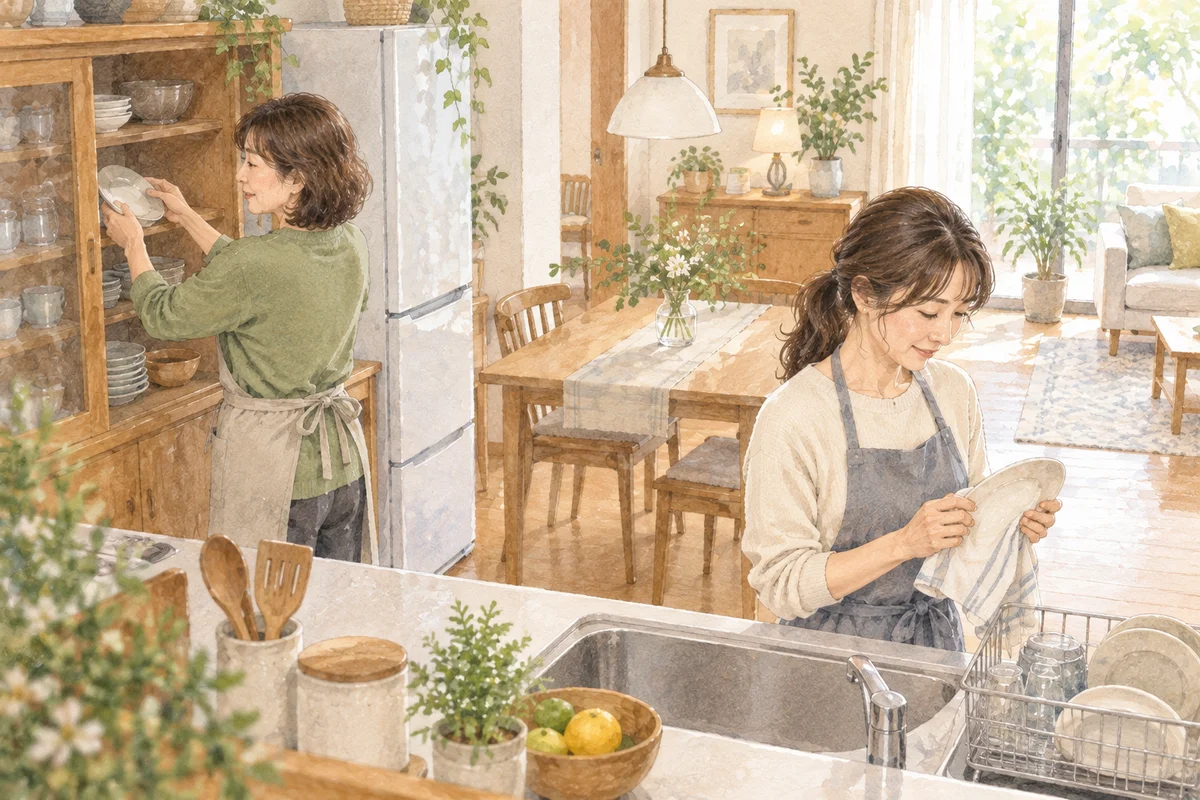 自宅で成人した娘と食器を片づける女性