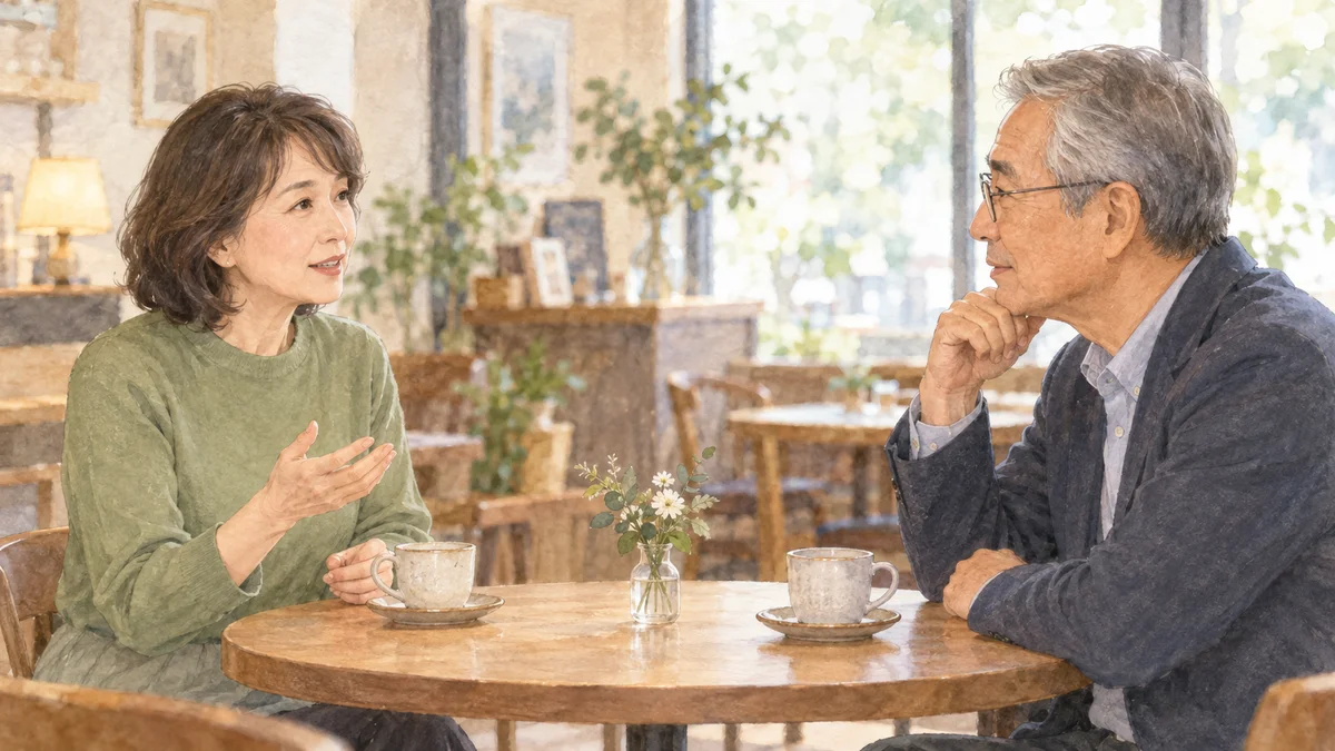 カフェでテーブルを挟んで話す二人のイラスト