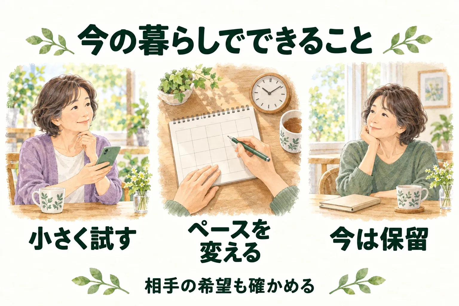 小さく試す、ペースを変える、今は保留という選択肢と、相手の希望も確かめることを示した概念図。