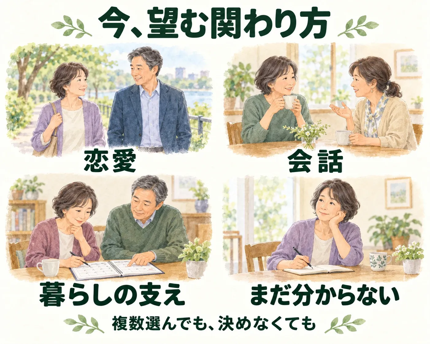 恋愛、会話、暮らしの支え、まだ分からないという関わり方を、それぞれの生活場面で示した概念図。