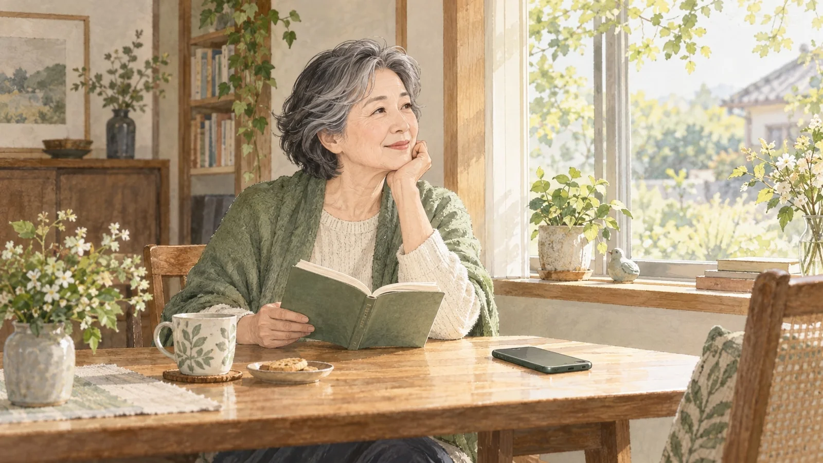 窓辺で本とコーヒーを楽しむ60代女性