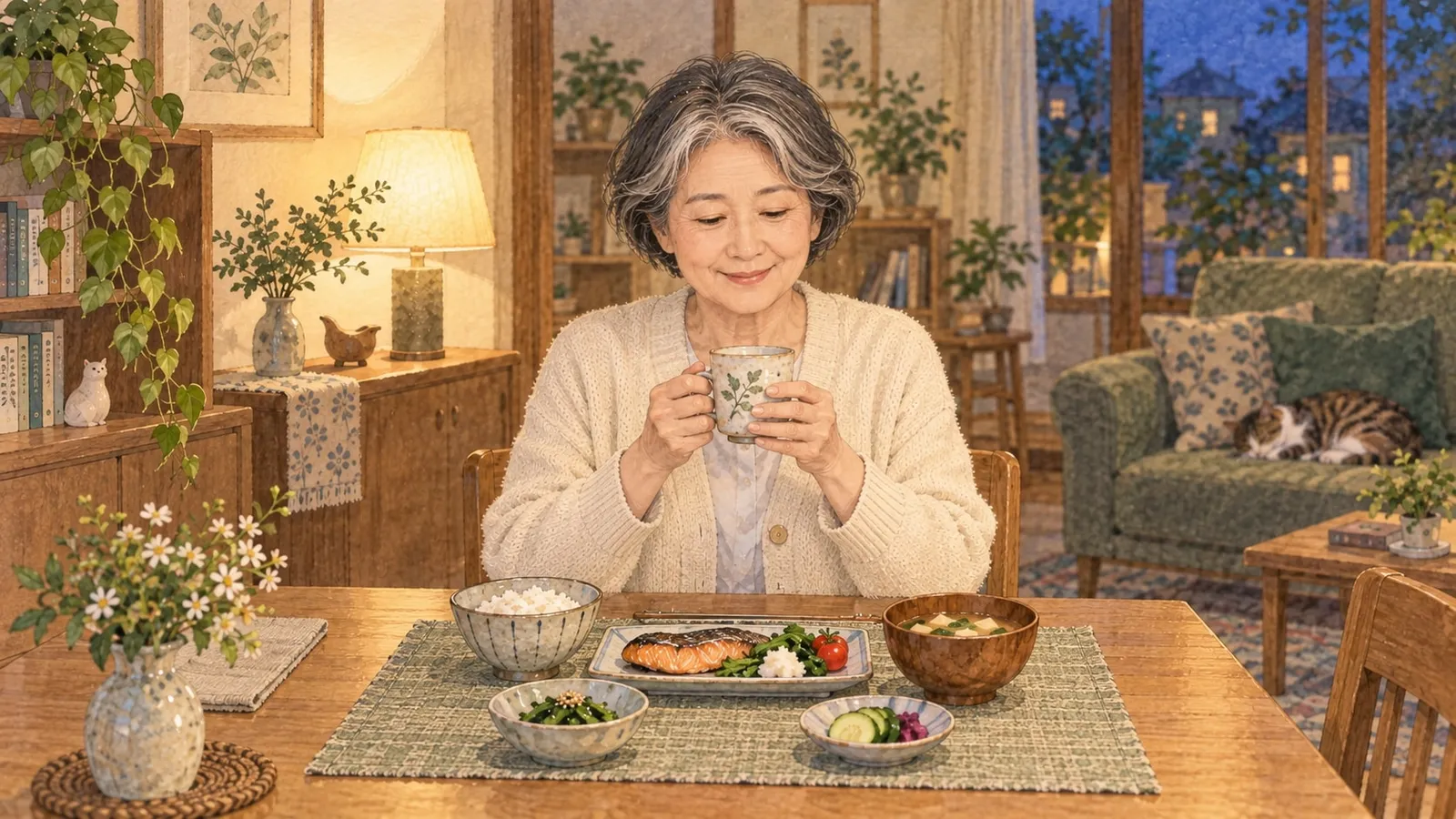 自宅の食卓で一人の夕食と温かな飲み物を楽しむ女性