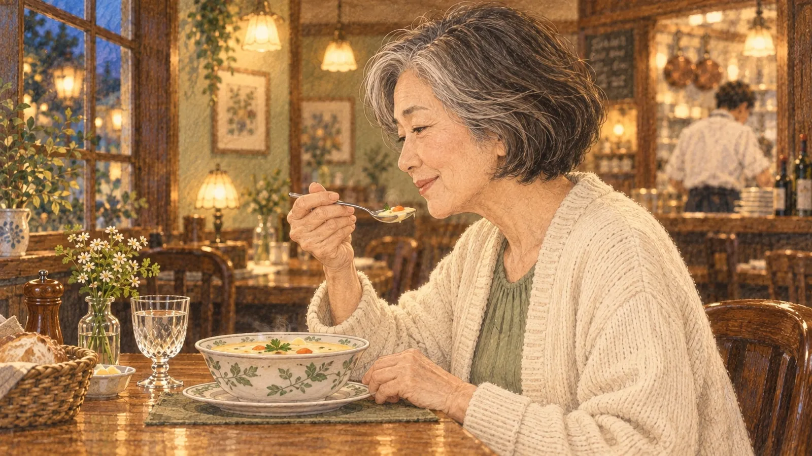 洋食店でスープを味わいながら穏やかに思いを巡らせる女性