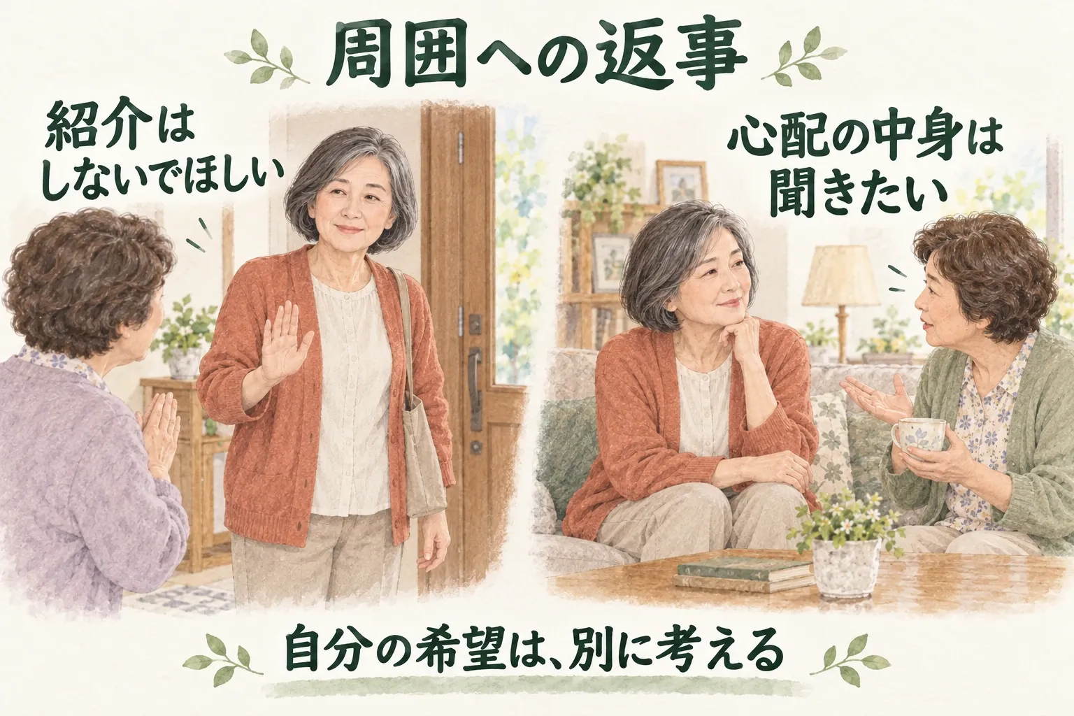 再婚の紹介を望まないと伝える場面と、具体的な心配の中身を聞く場面を分けたイラスト。