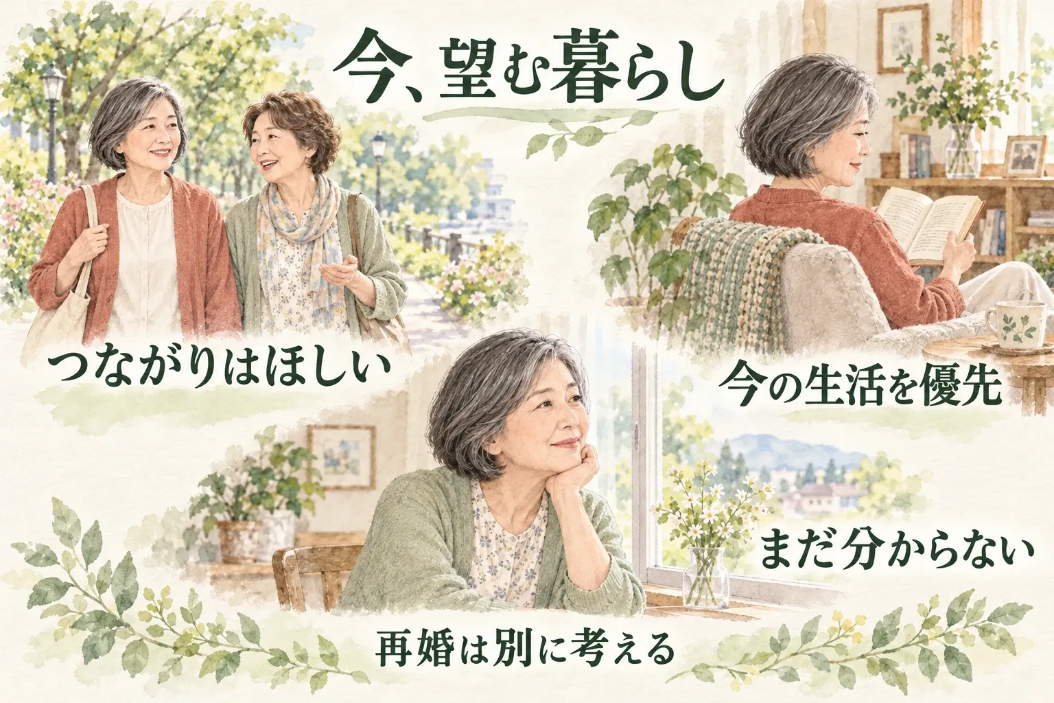 つながりはほしい、今の生活を優先する、まだ分からないという三つの希望を生活場面で示したイラスト。