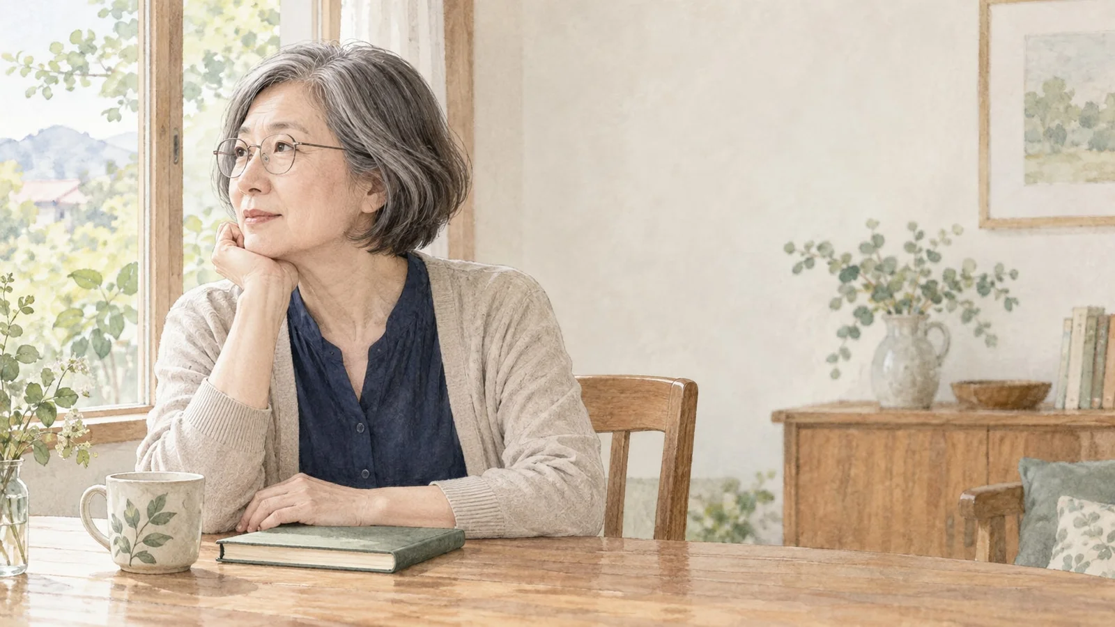 窓辺で本に手を添え、外を眺めながら考える女性