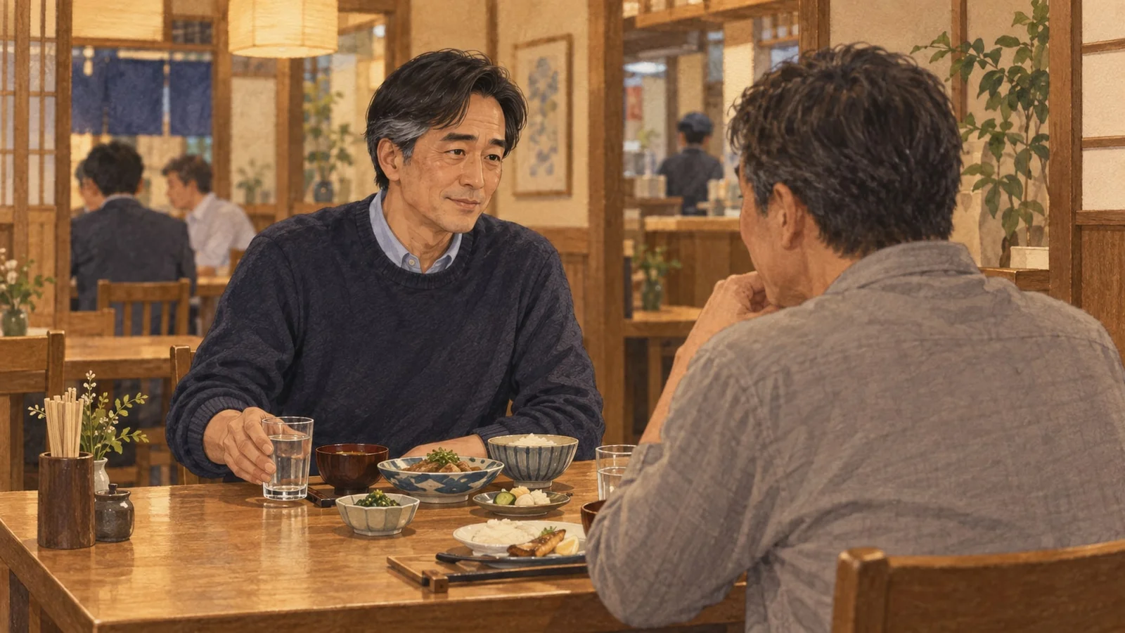 久しぶりに会った旧友と食事をしながら話す男性