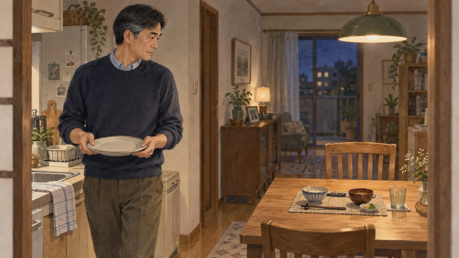 一人分の夕食を用意する台所で、皿を持ち食卓を眺める男性