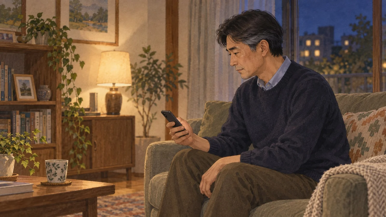 食後のソファに座り、スマートフォンへ目を落とす男性