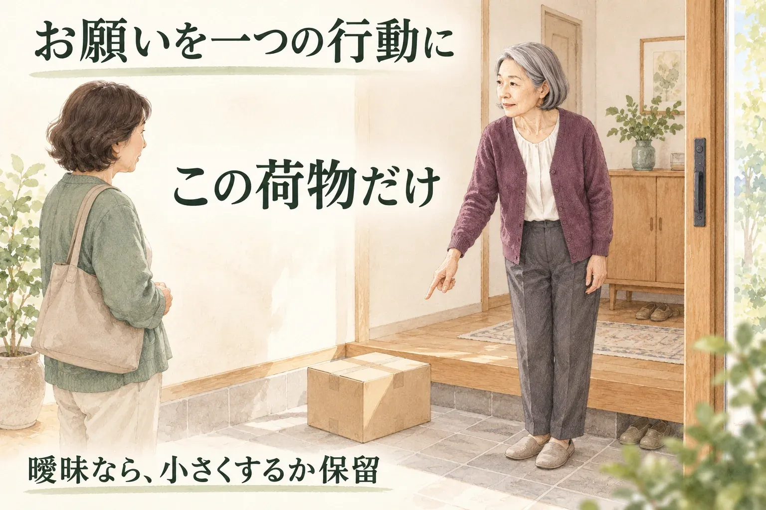 お願いを一つの荷物の手助けに絞る場面。曖昧なら具体化や保留も選べる。
