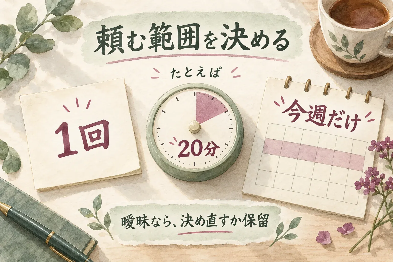 1回、20分、今週だけという範囲の例を時計とカレンダーで示す。