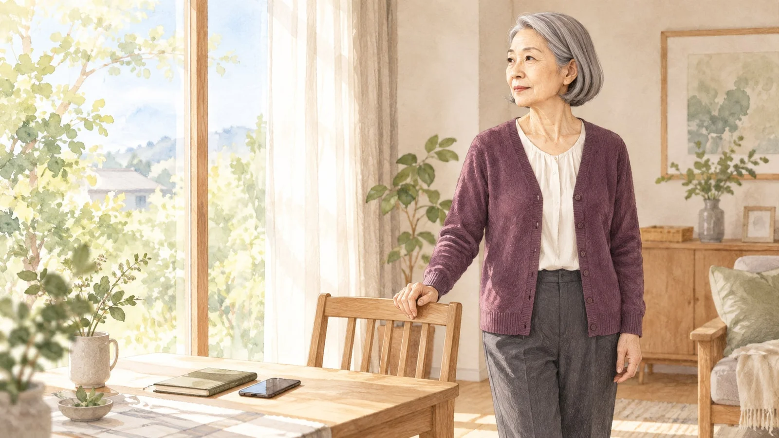 窓辺に立ち、椅子に手を添えながら外を眺める70代の女性
