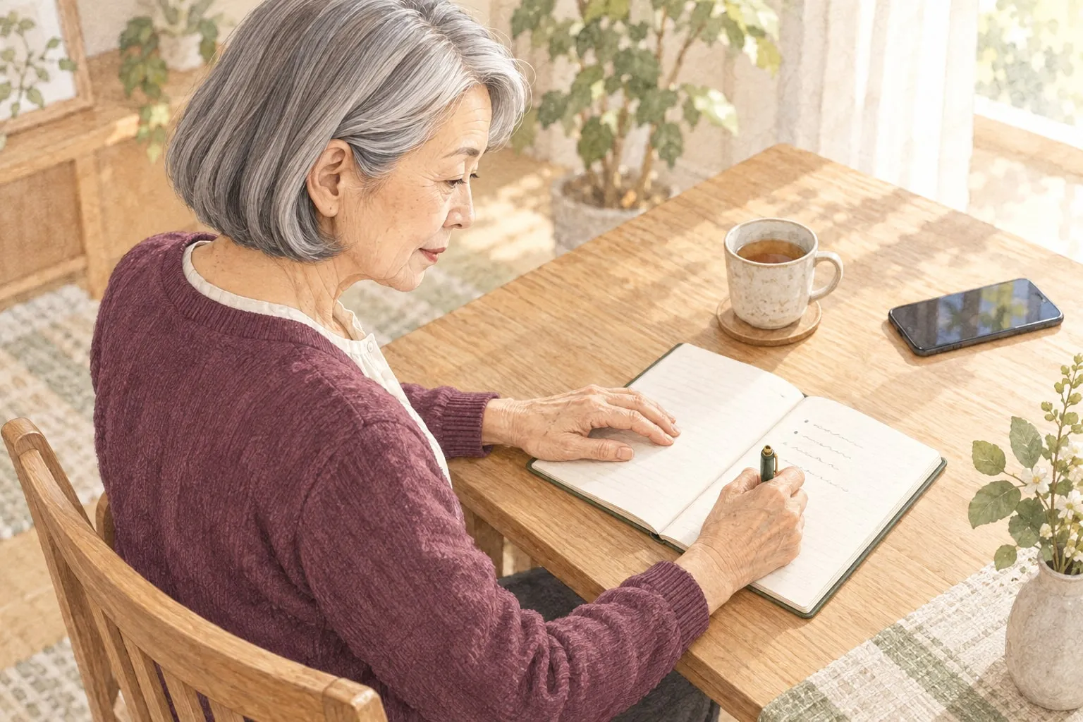 テーブルに座り、頼みたいことをメモに書き出す女性