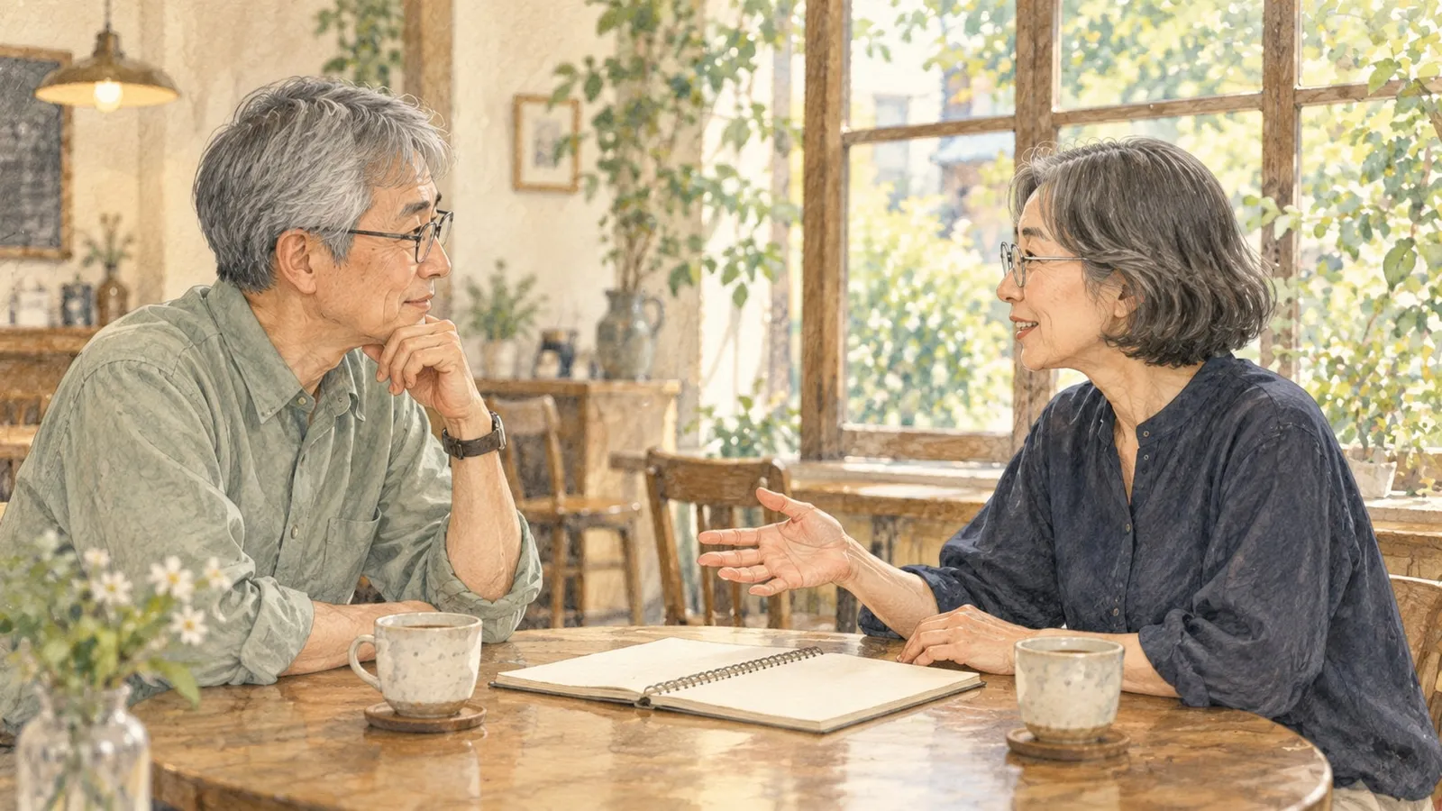 喫茶店でノートを挟んで話す二人