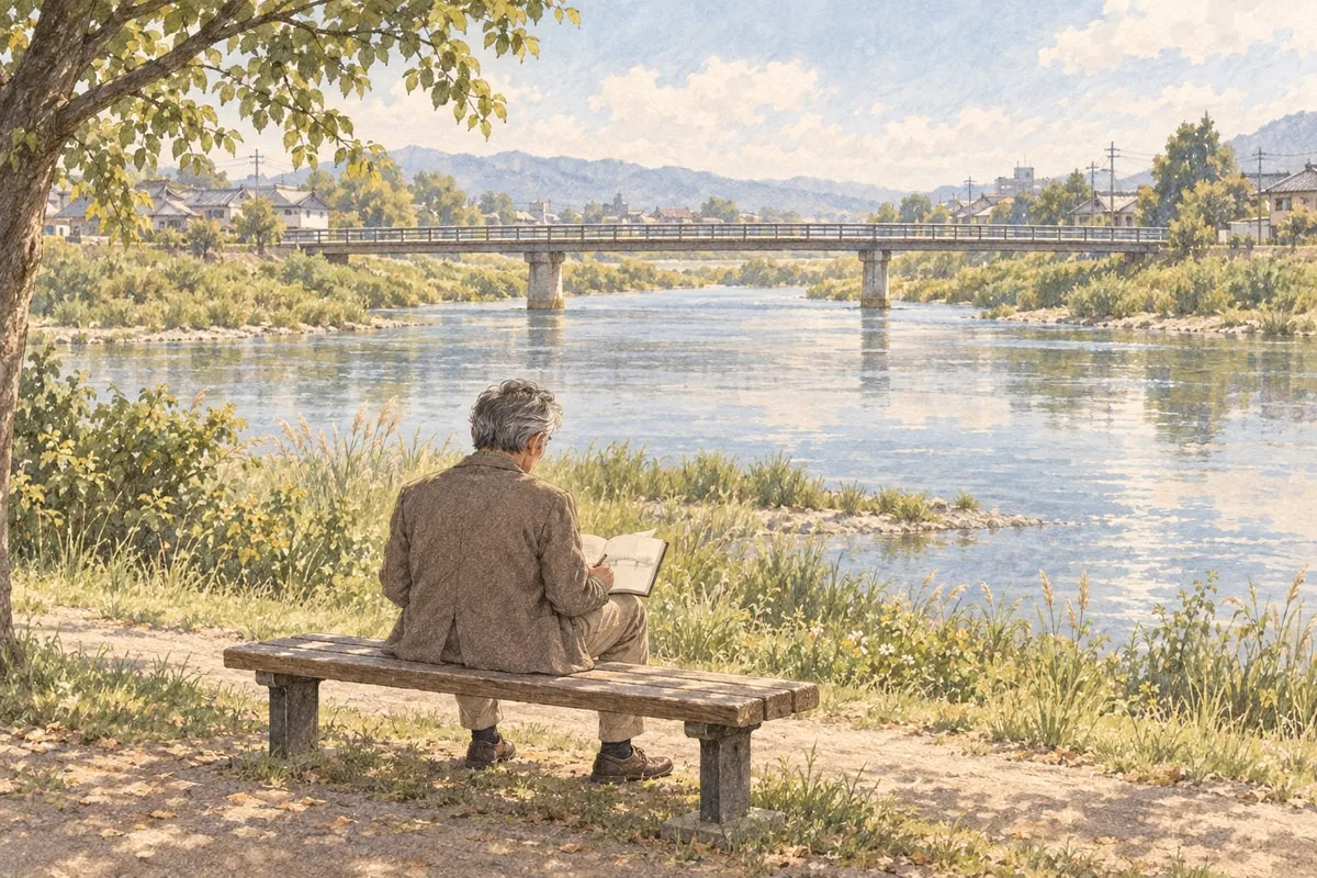 川沿いのベンチで、橋を描く男性