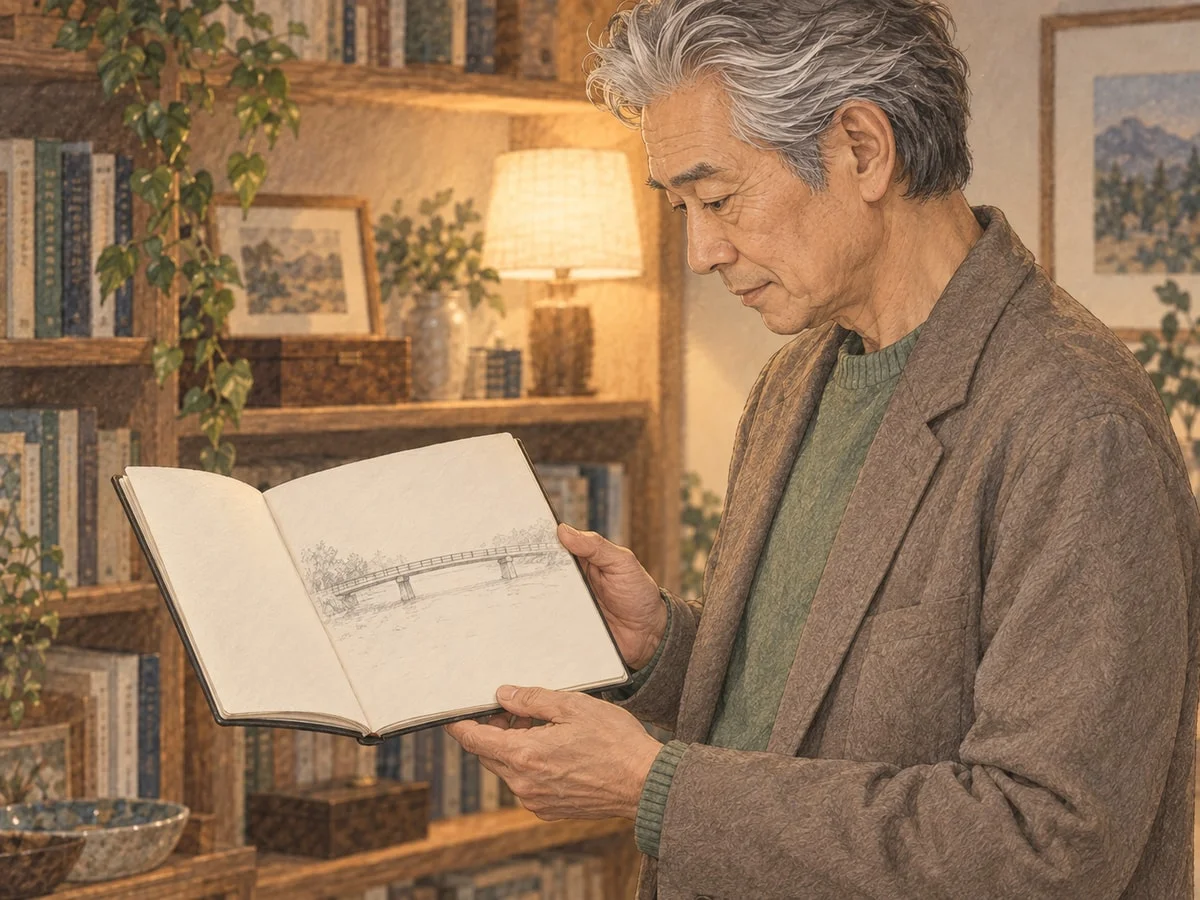 本棚の前で、描きかけの橋が残るスケッチブックを開く男性