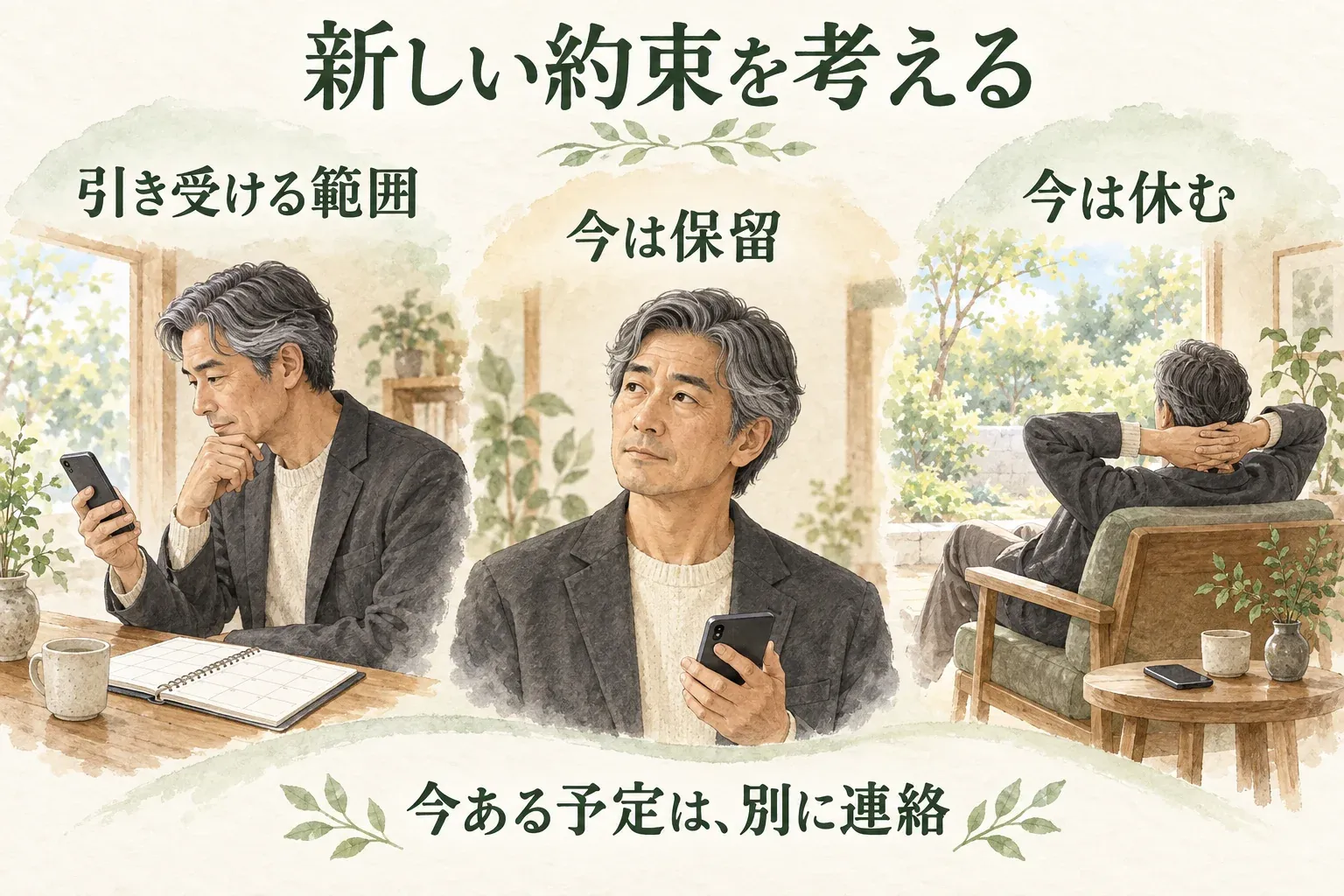 新しい約束を考えるとき、引き受ける範囲を決める、保留する、休むという選択肢。既存の予定の変更は別に連絡する。