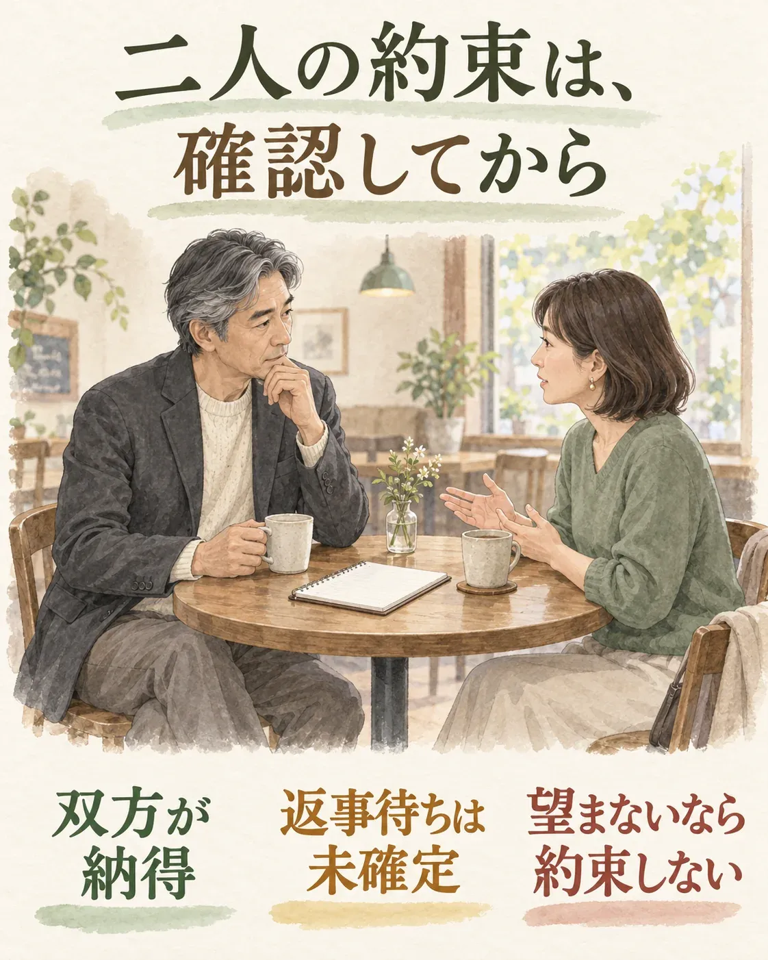 二人の約束は双方の納得を確かめてから。返事待ちは未確定で、望まない条件では約束しない。
