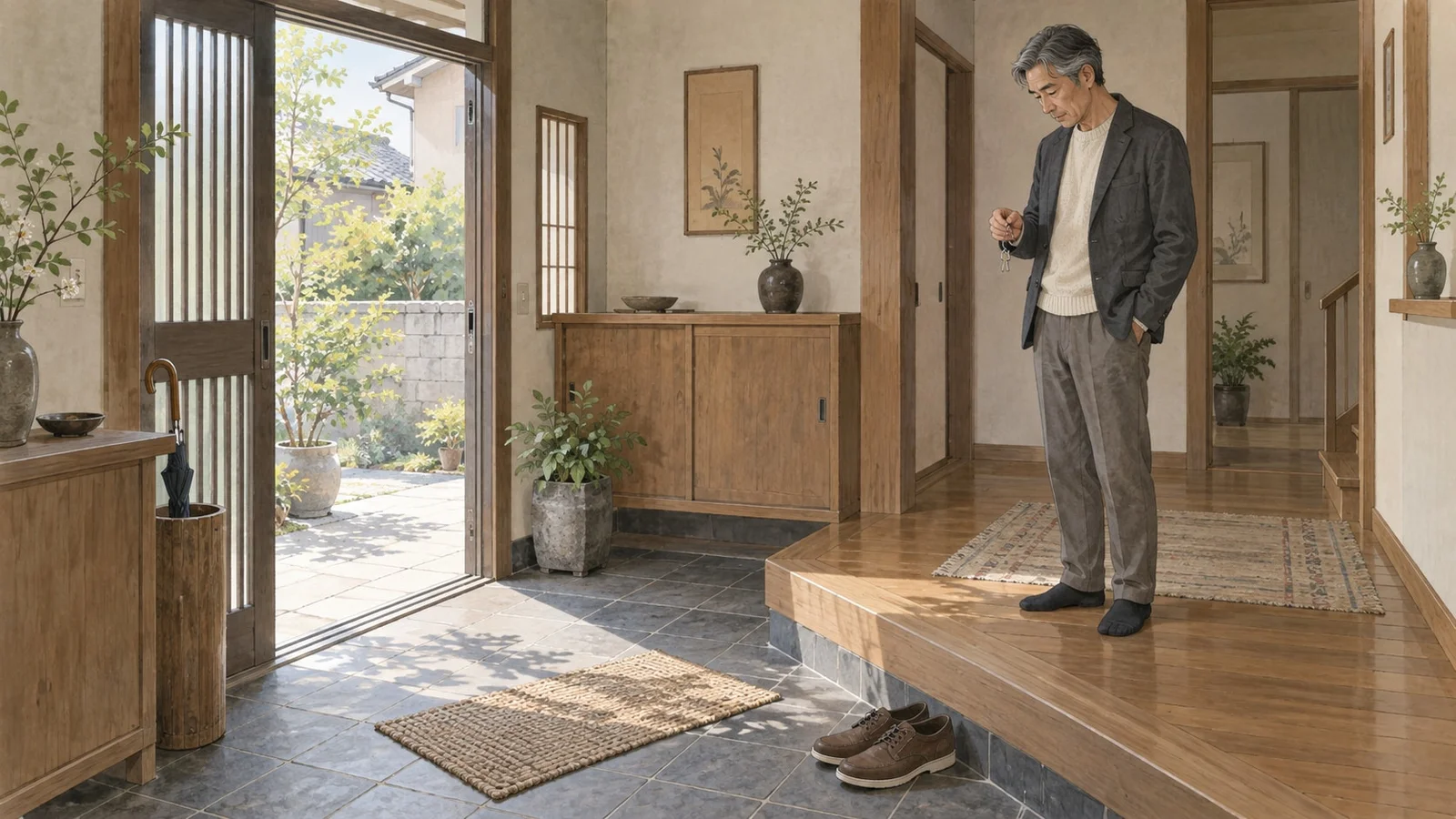 玄関で鍵を手に、出かける前に立ち止まる50代の男性。