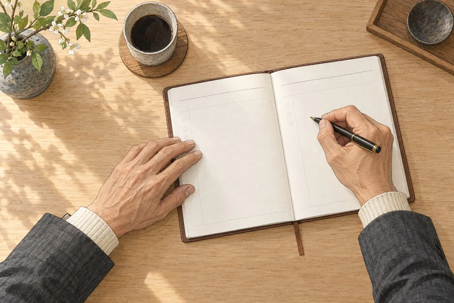 手帳を開き、ペンで予定を書き留める手元。