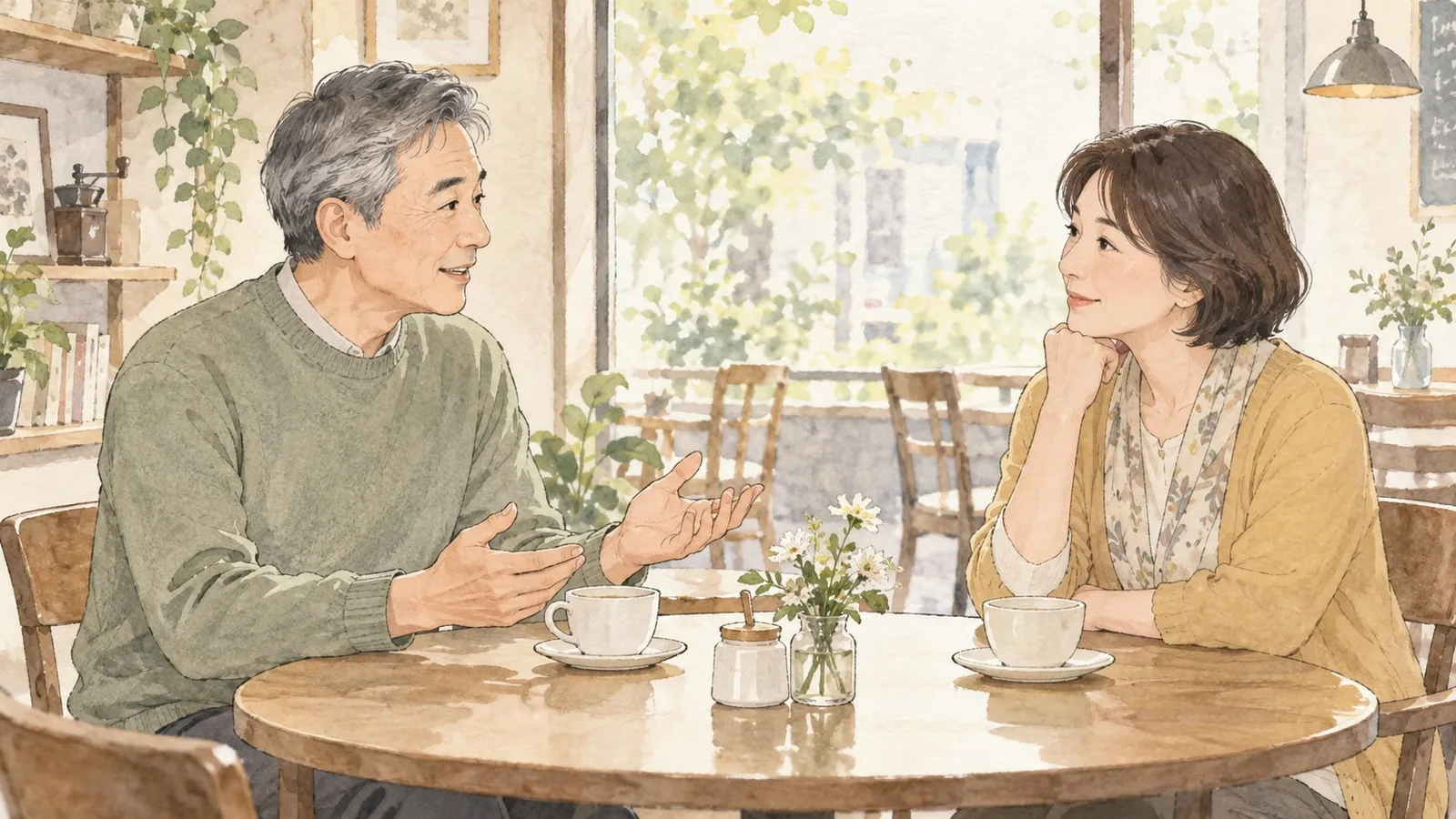 知人と向かい合い、休日の楽しみについて話す男性