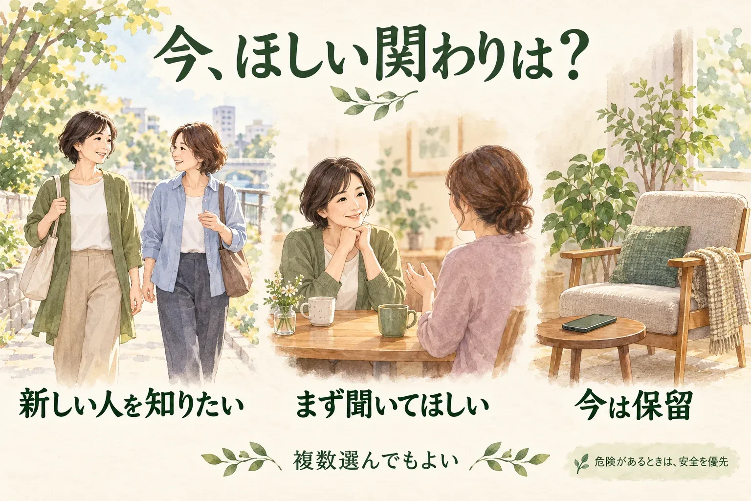 新しい人を知りたい、まず聞いてほしい、保留の選択肢。複数選べ、危険時は安全を優先する。