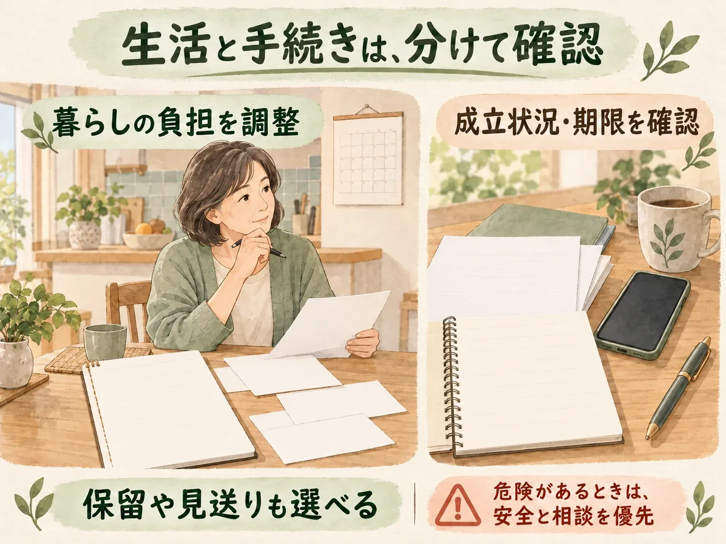生活の負担と離婚の成立状況・期限を分けて確認する。保留や見送り、安全と相談を優先する道もある。