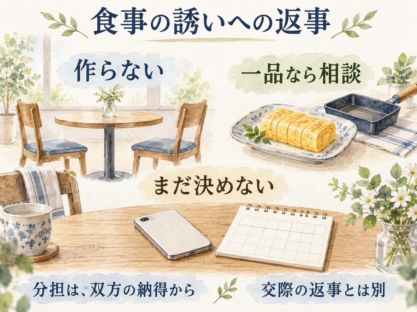 食事の誘いに作らない、一品なら分担を相談、保留という返事を選ぶイメージ。分担と交際の判断は別に考える。