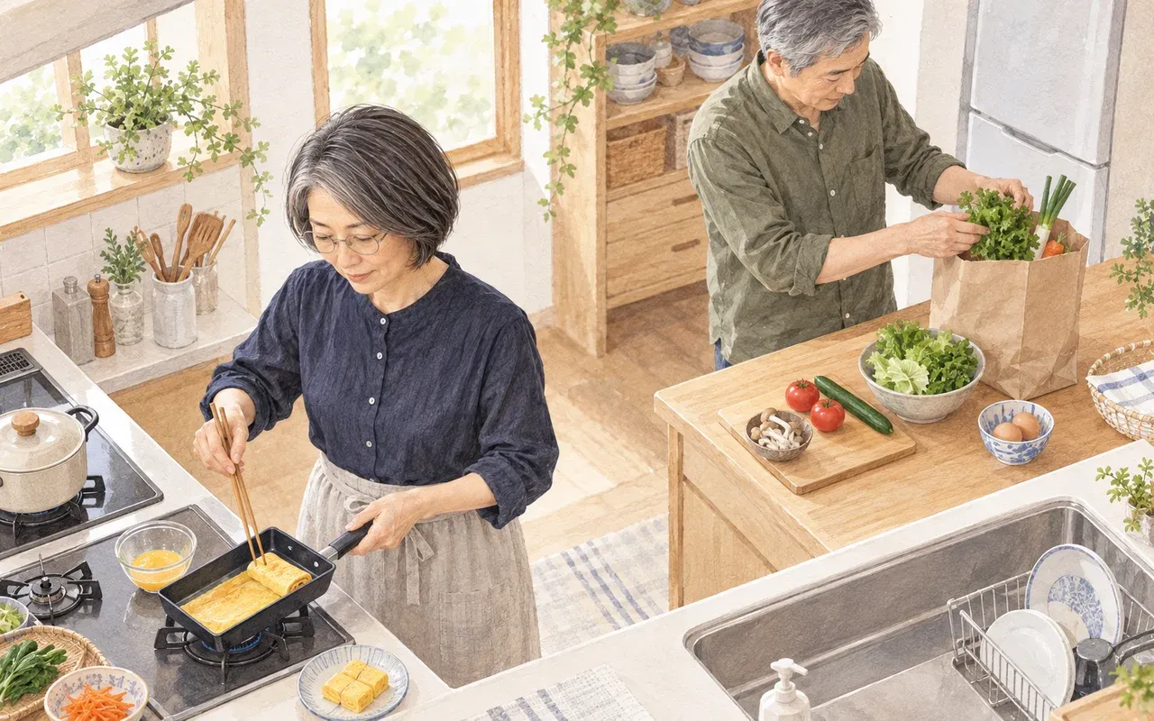 一人が卵焼きを作り、もう一人が買い物袋から食材を出している台所