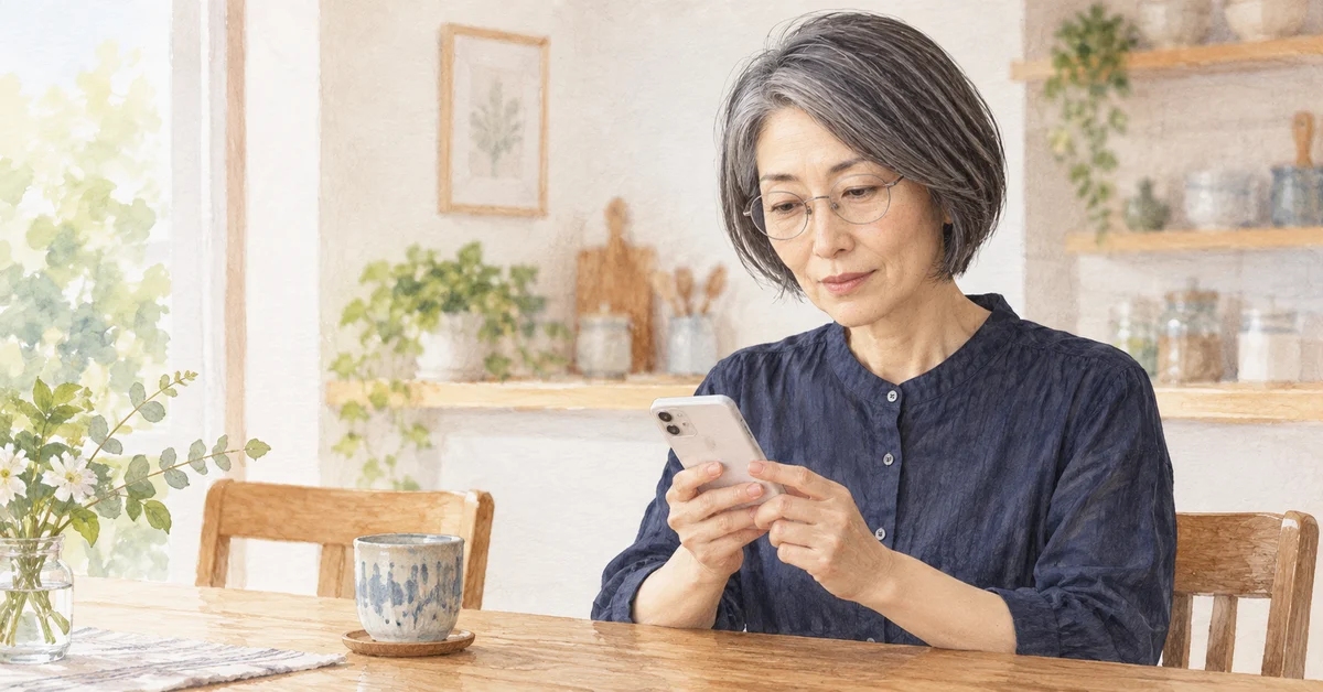 食卓でスマートフォンを見つめる女性
