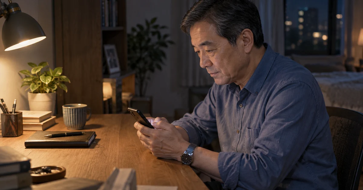 夜の机でスマートフォンを見ながら返事を考える男性の生成画像