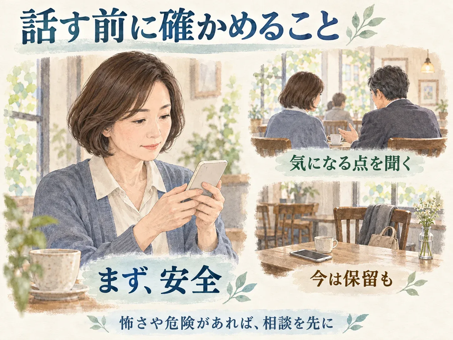話す前に安全を確かめ、気になる点を聞くか保留を選ぶイメージ。怖さや危険があれば相談を先にする。