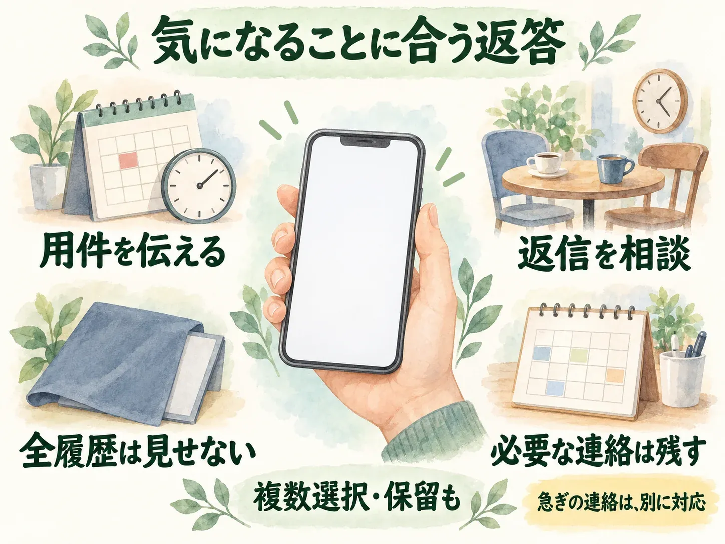 用件を伝える、返信を相談する、全履歴を見せない、必要な連絡を残すという返答の選択肢。複数選択・保留と急ぎの連絡への対応もある。