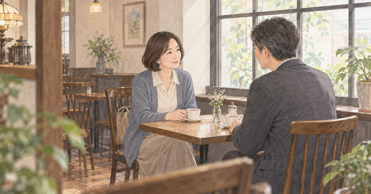 休日の喫茶店で、テーブルを挟んで話す二人の生成イラスト