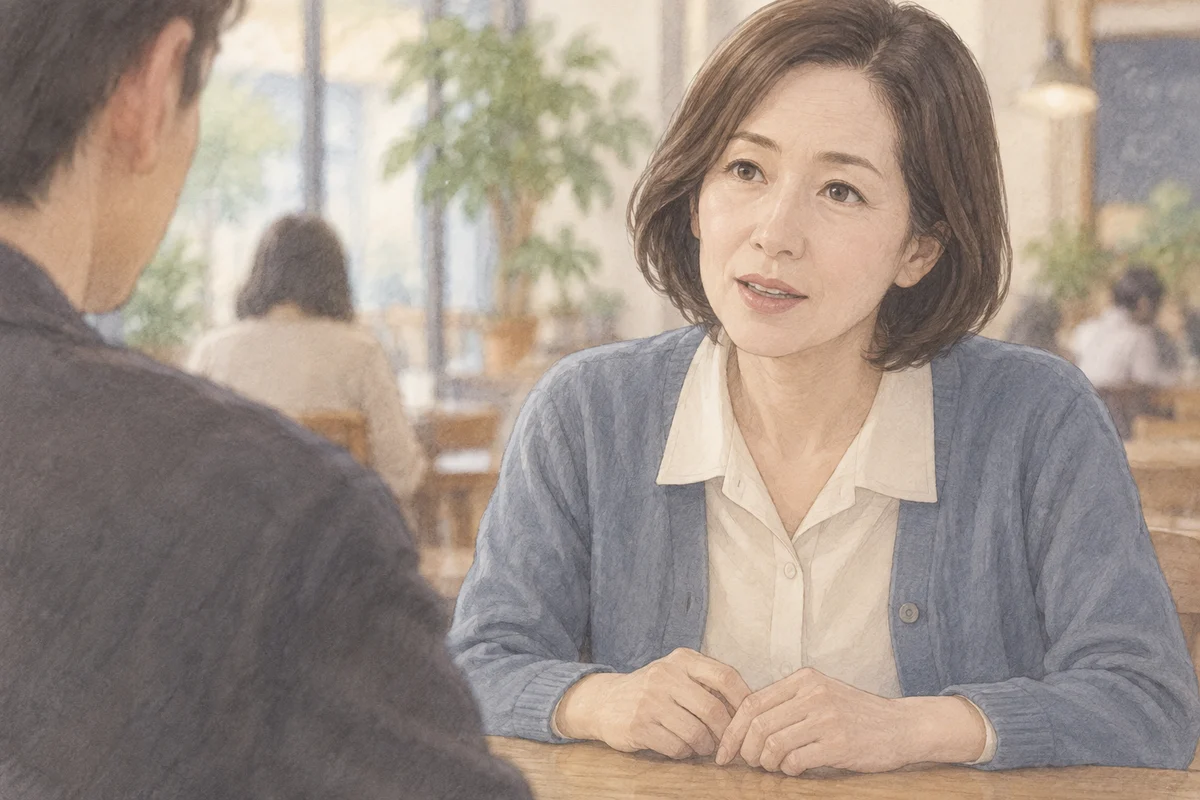 喫茶店で向かいの相手へ自分の言葉で話す女性の生成イラスト