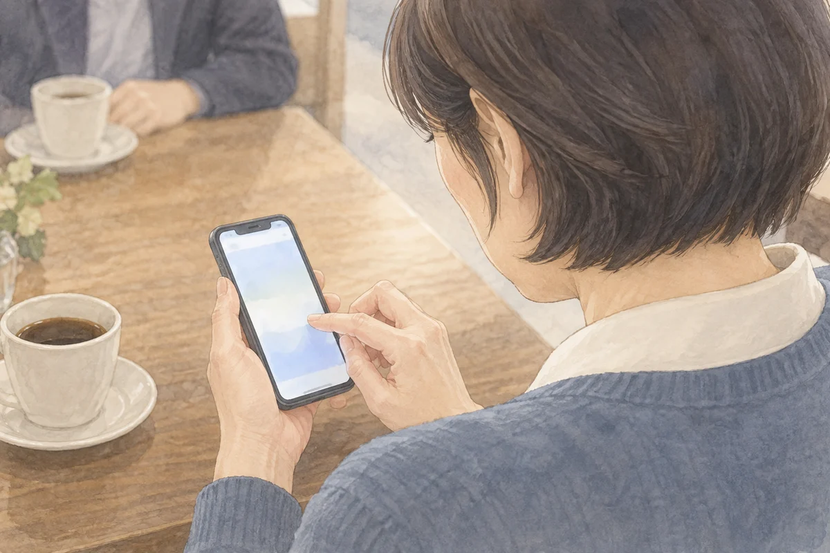 喫茶店の席でスマートフォンに返事を入力する女性の手元の生成イラスト