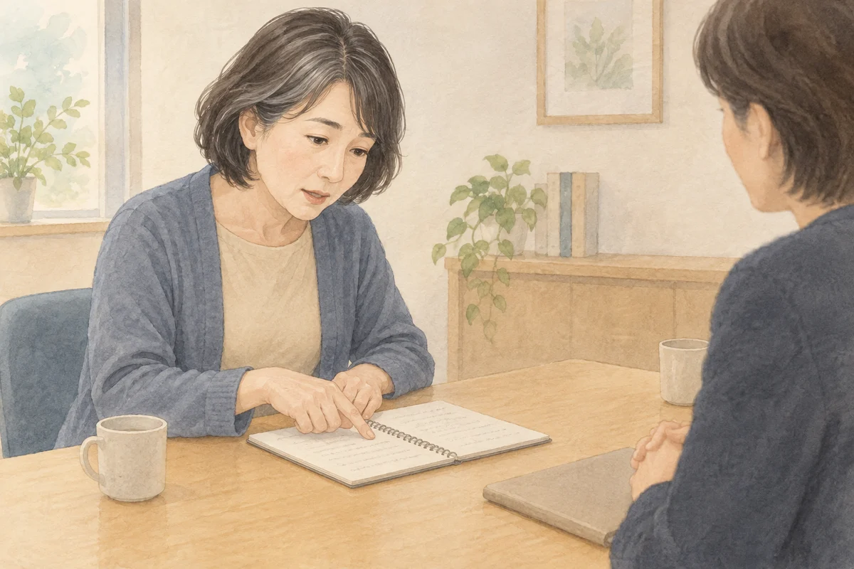 ノートを示して事情を説明する相談場面のイラスト