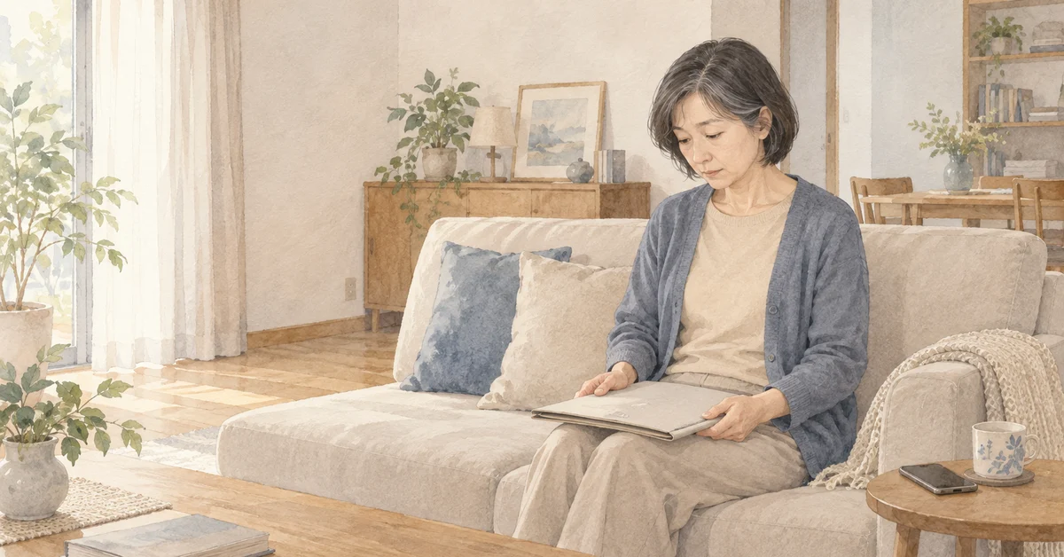 自宅で書類ケースに目を落とす人のイラスト