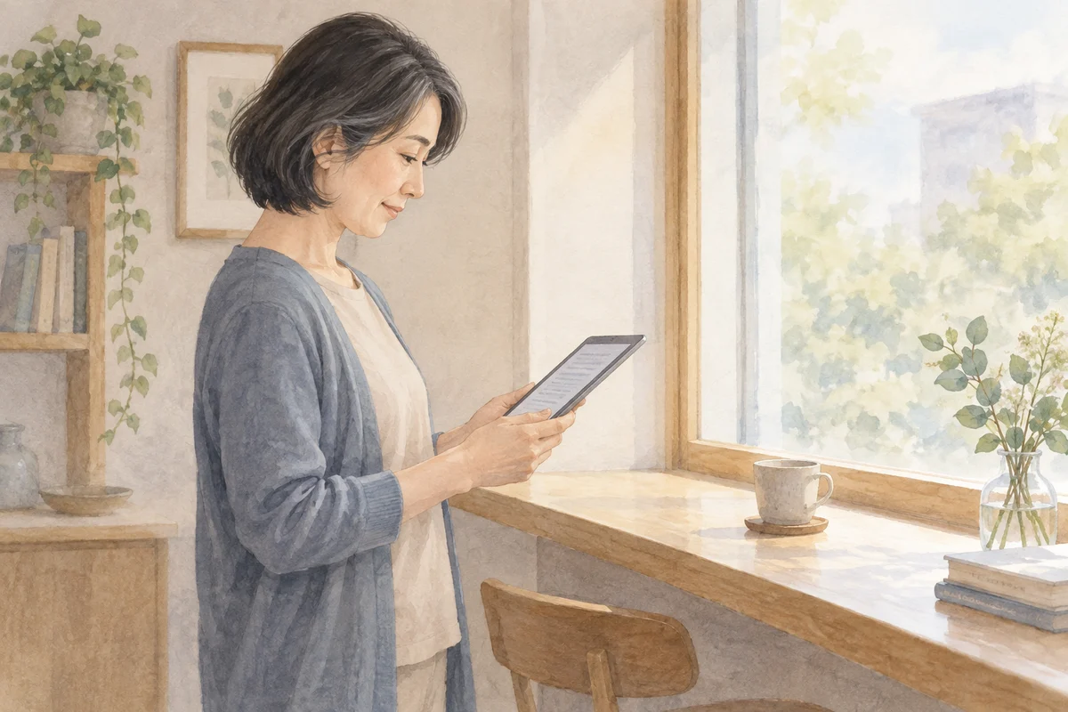 窓際に立ち、端末の文章を読む人のイラスト