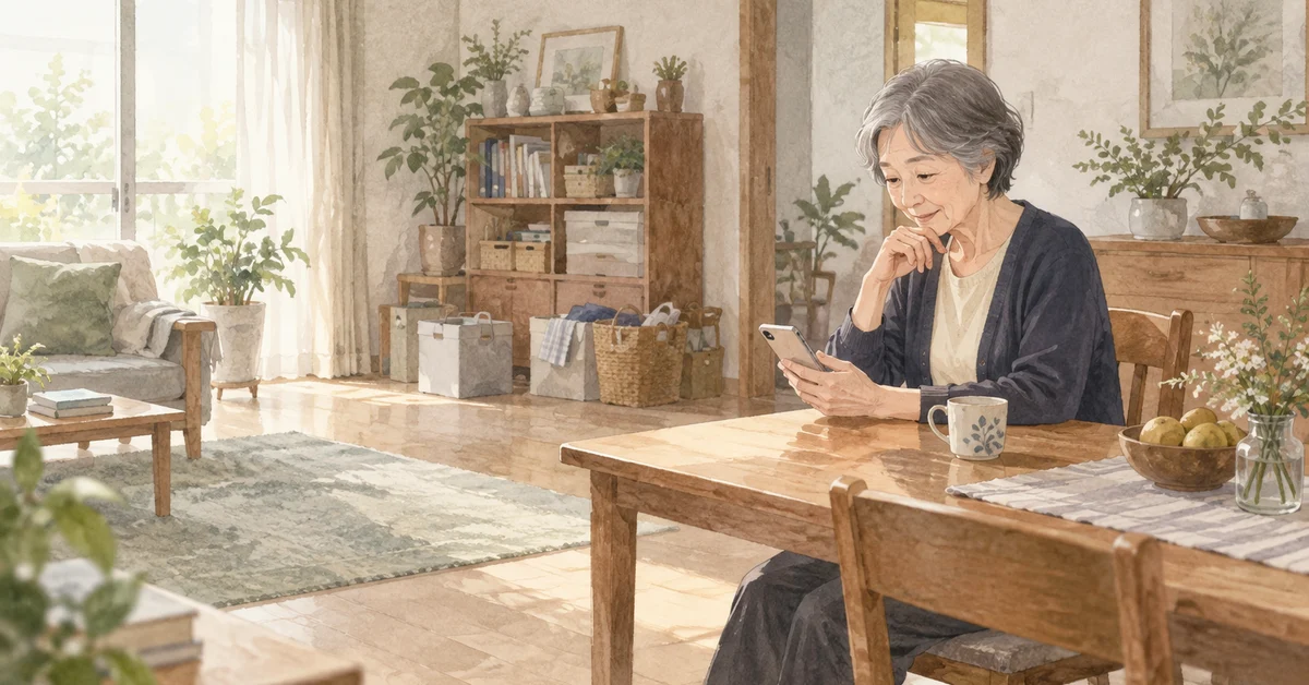 室内のテーブルでスマートフォンに目を落とす人のイラスト