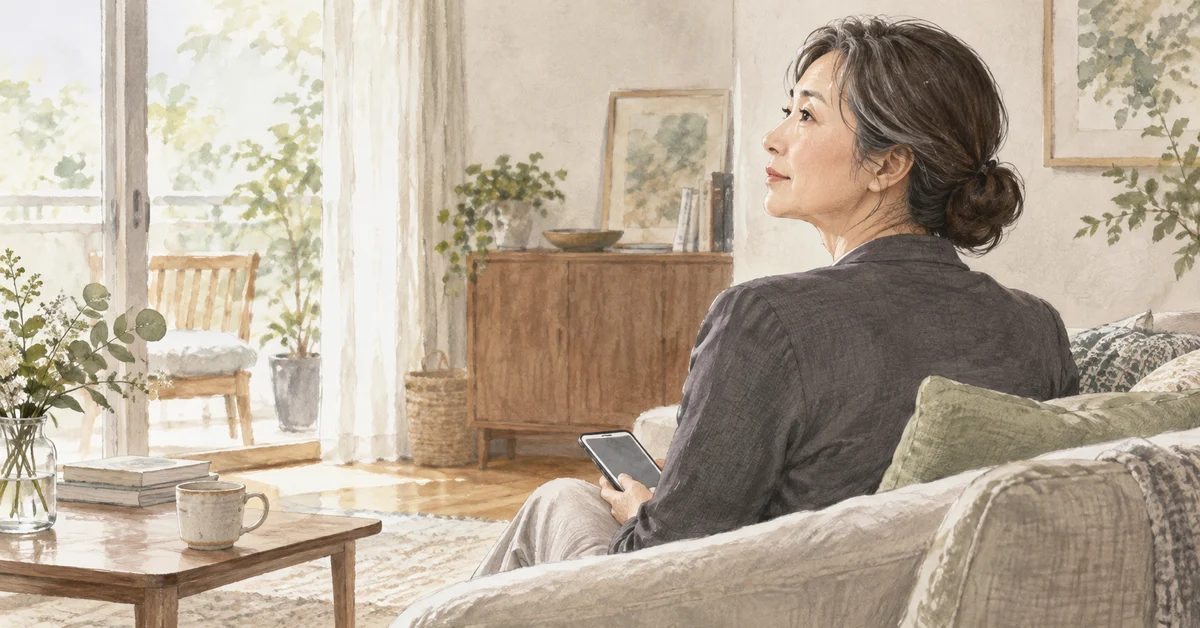 紹介を頼む前に、スマートフォンを手に考える50代の女性