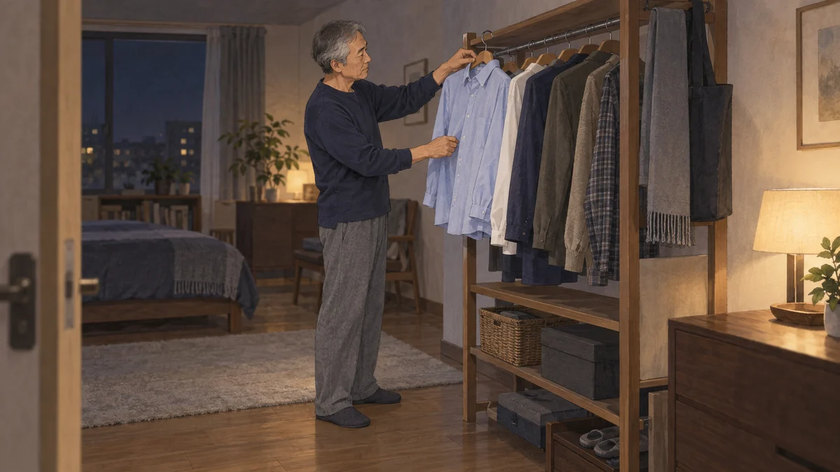 夜の部屋で、淡い青のシャツをかけたハンガーをずらす男性